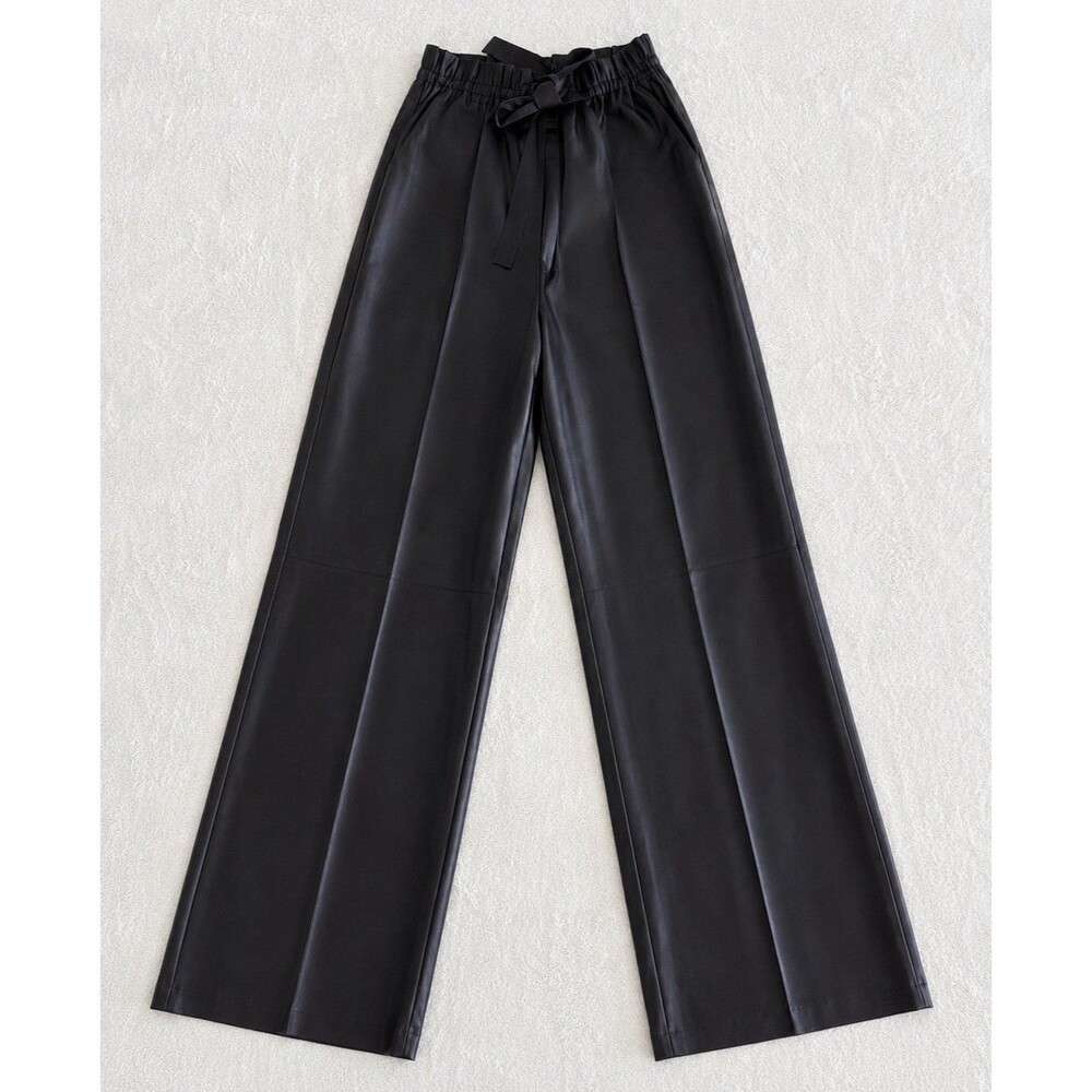 Vintage Women’s Black Formal Pants Wide-Leg Solid Tie Elastic Waist Preppy - Picture 2 of 16